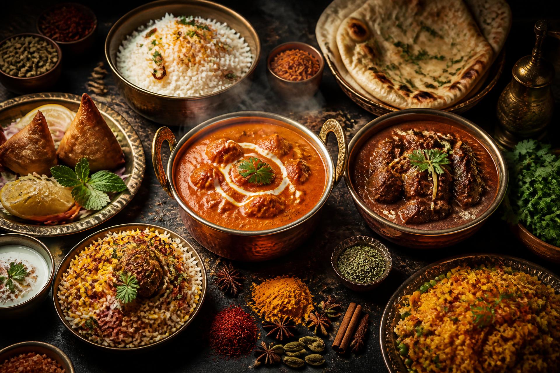 Indian and Sri Lankan feast of butter chicken, beef curry, biryani, naan and samosas